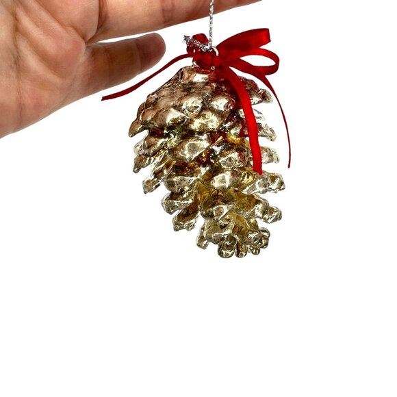Silver Pine Pinecone Ornament With Red Bow - Picture 2 of 15